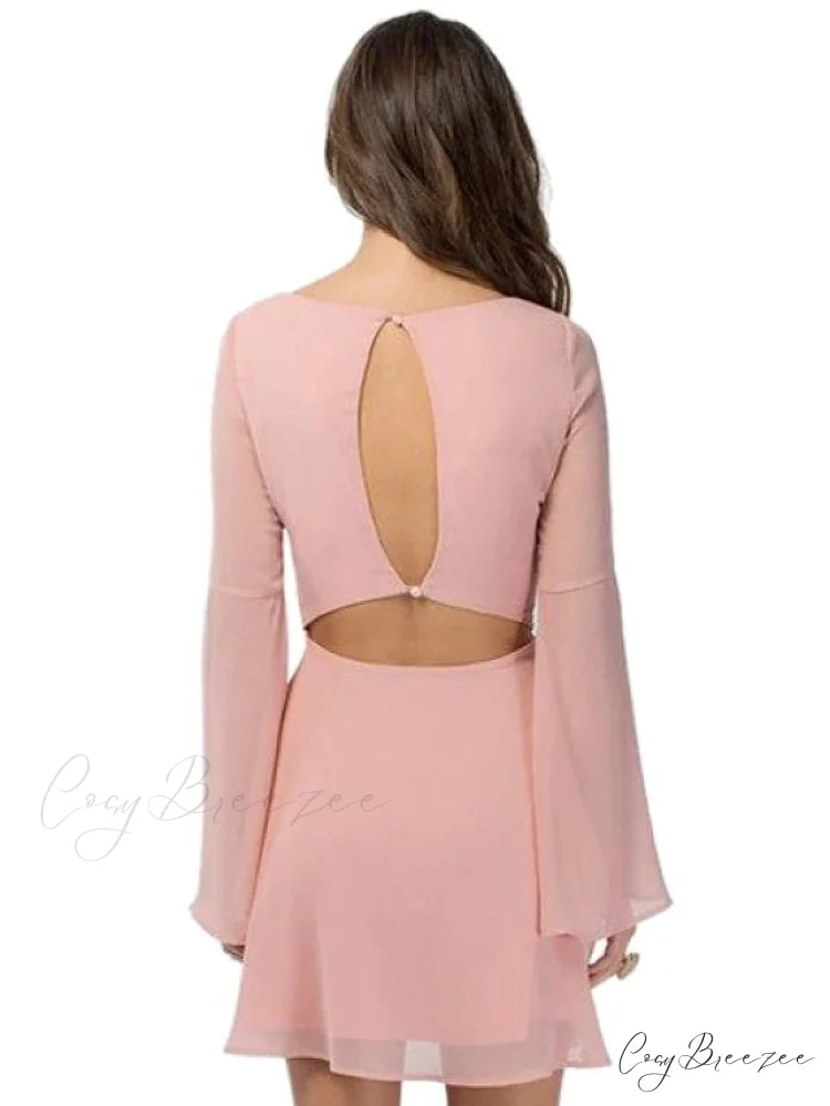 Solid Color Flare Sleeve Chiffon Dress
