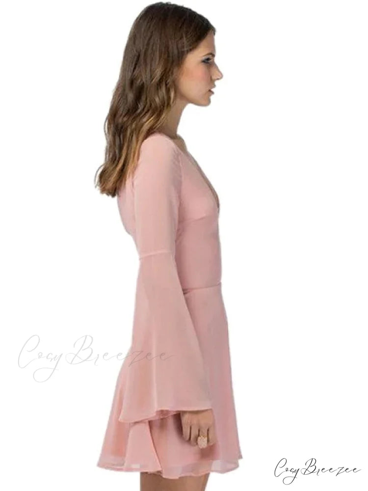 Solid Color Flare Sleeve Chiffon Dress