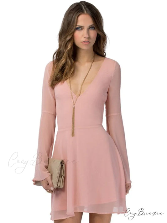 Solid Color Flare Sleeve Chiffon Dress