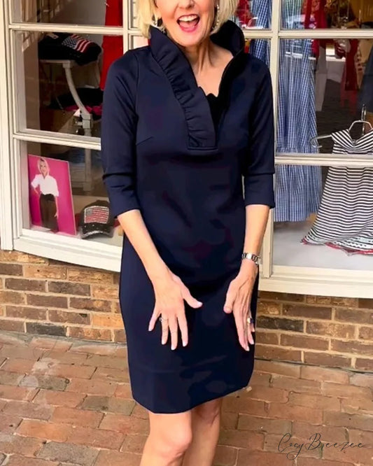 Solid Color Fungus Collar Dress Navy Blue / S