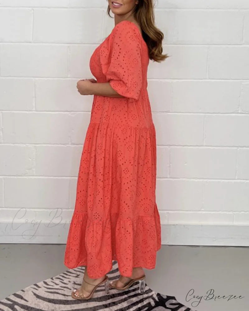Solid color hollow dress with square collar