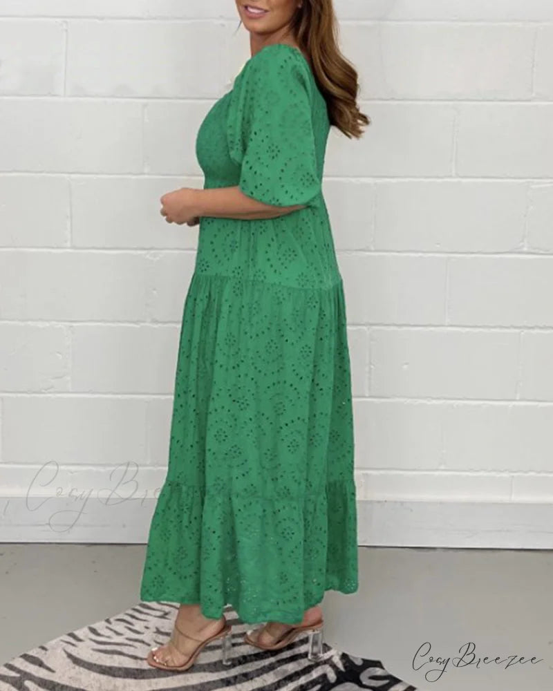 Solid color hollow dress with square collar