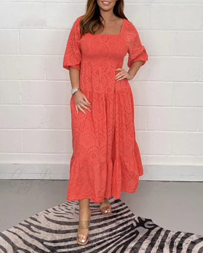 Solid color hollow dress with square collar Red / S