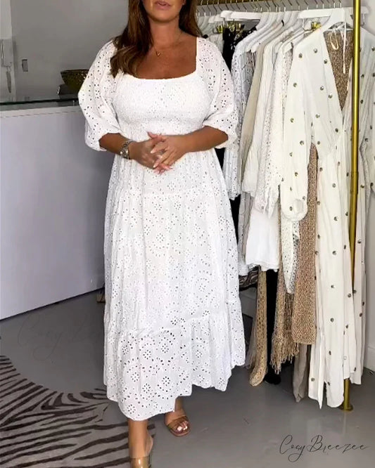Solid color hollow dress with square collar White / S