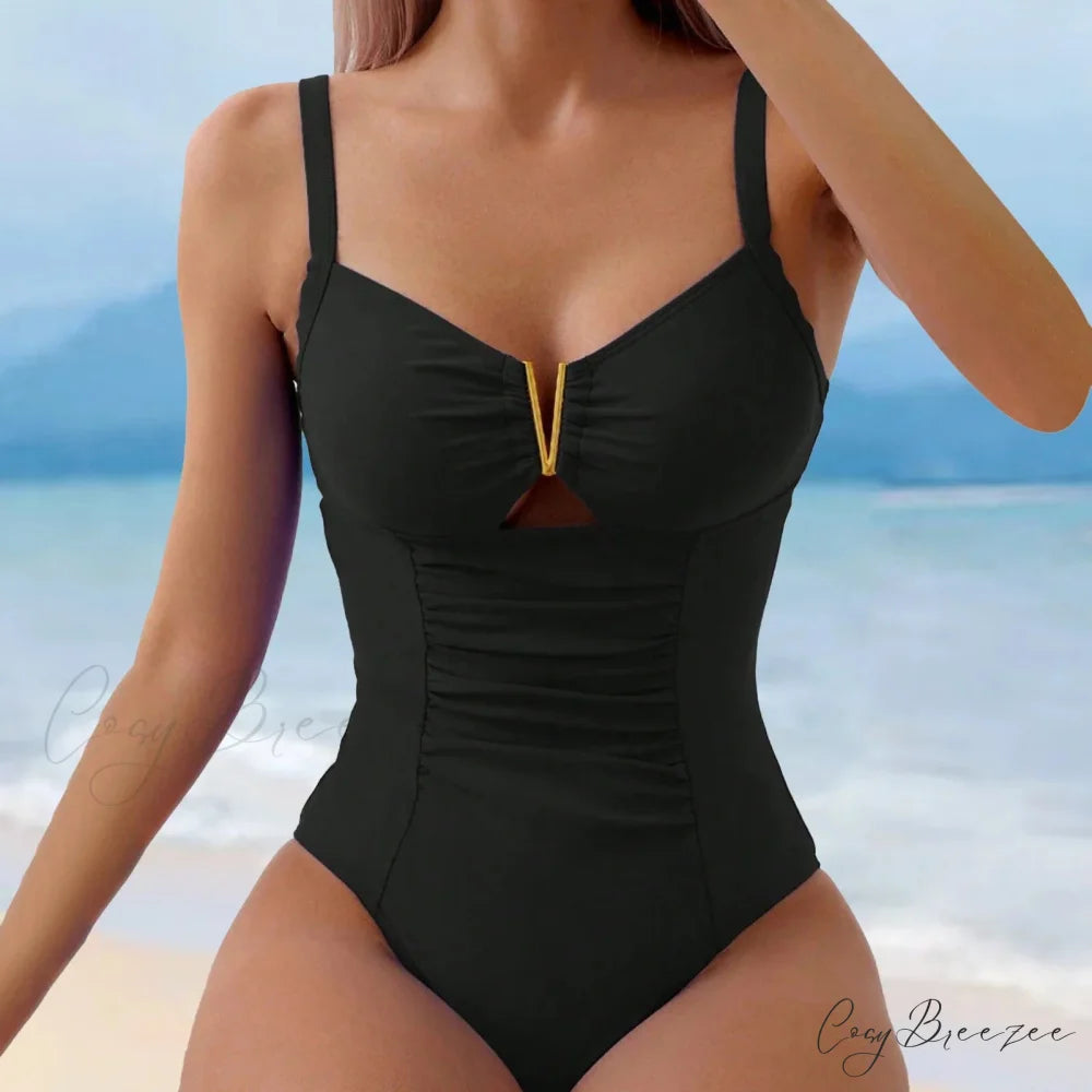 Solid Color Hollow Monokini Deep V-Neck color2 / S onepiece-250223
