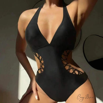 Solid Color Hollow Monokini Deep V-Neck color6 / S onepiece-250223