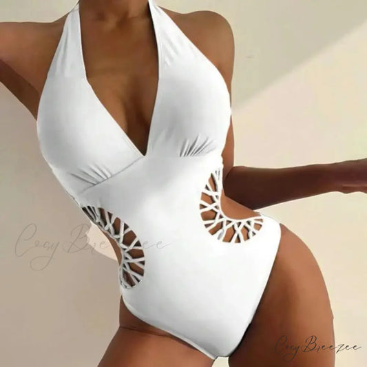 Solid Color Hollow Monokini Deep V-Neck onepiece-250223