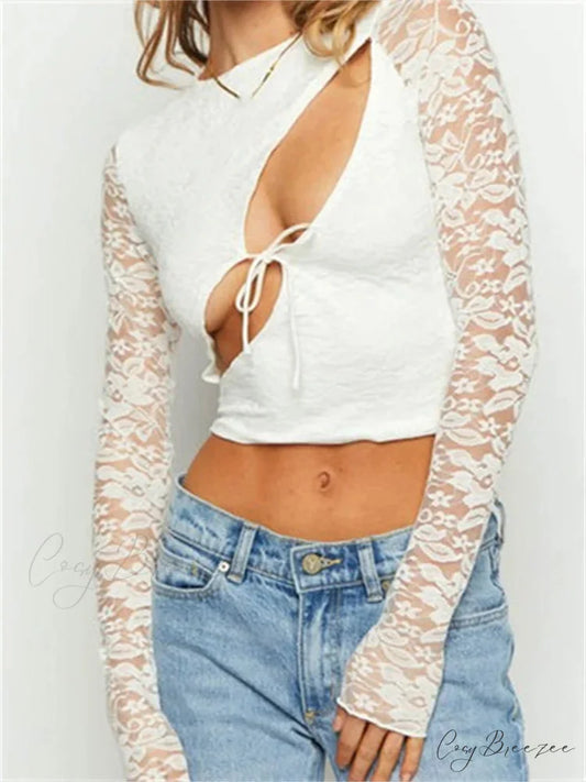 Solid Color Lace Floral Front Cutout Slim Fit T-Shirts WHITE / S