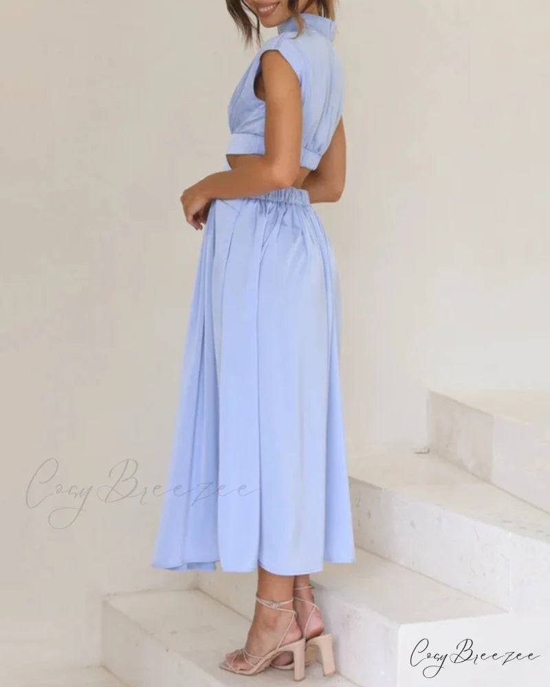 Solid color long dress with stand collar and waist tie