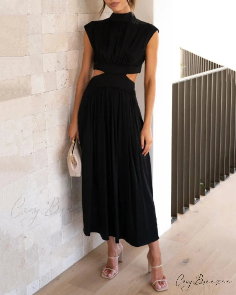Solid color long dress with stand collar and waist tie Black / S