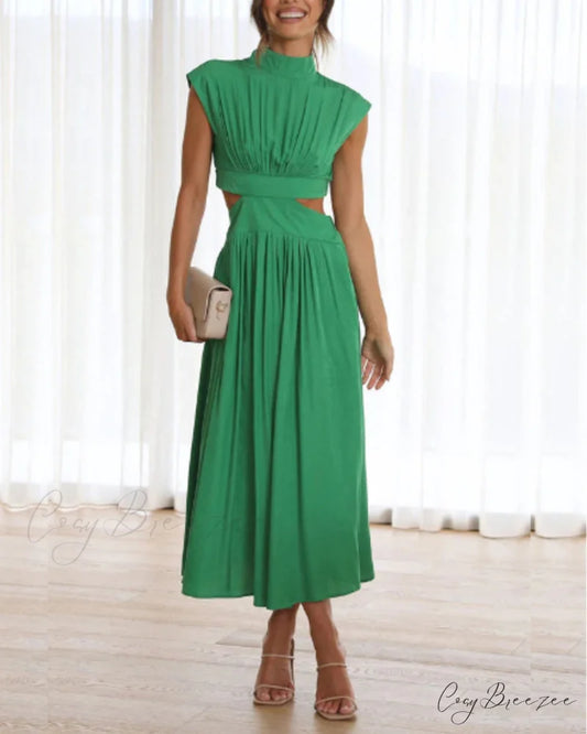 Solid color long dress with stand collar and waist tie Green / S