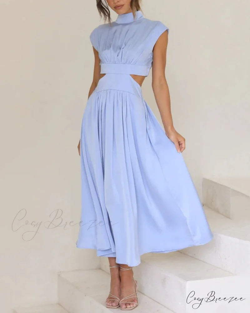 Solid color long dress with stand collar and waist tie Sky blue / S