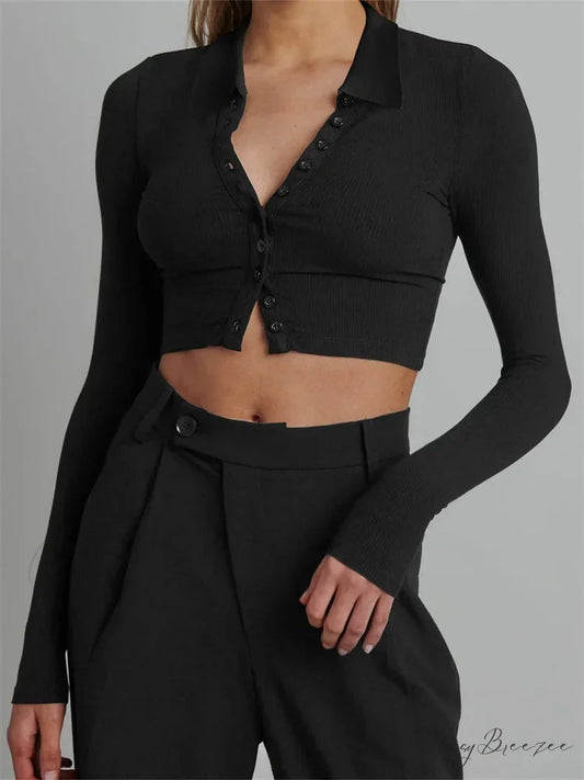 Solid Color Long Sleeve Basic Cropped Ribbed T-shirts BLACK / S