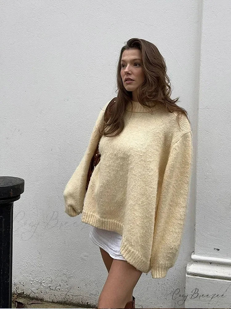 Solid Color Long Sleeve Pullover Sweater Yellow / S swraters-241228