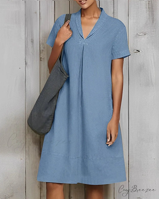 Solid color loose dress made of cotton and linen Blue / S