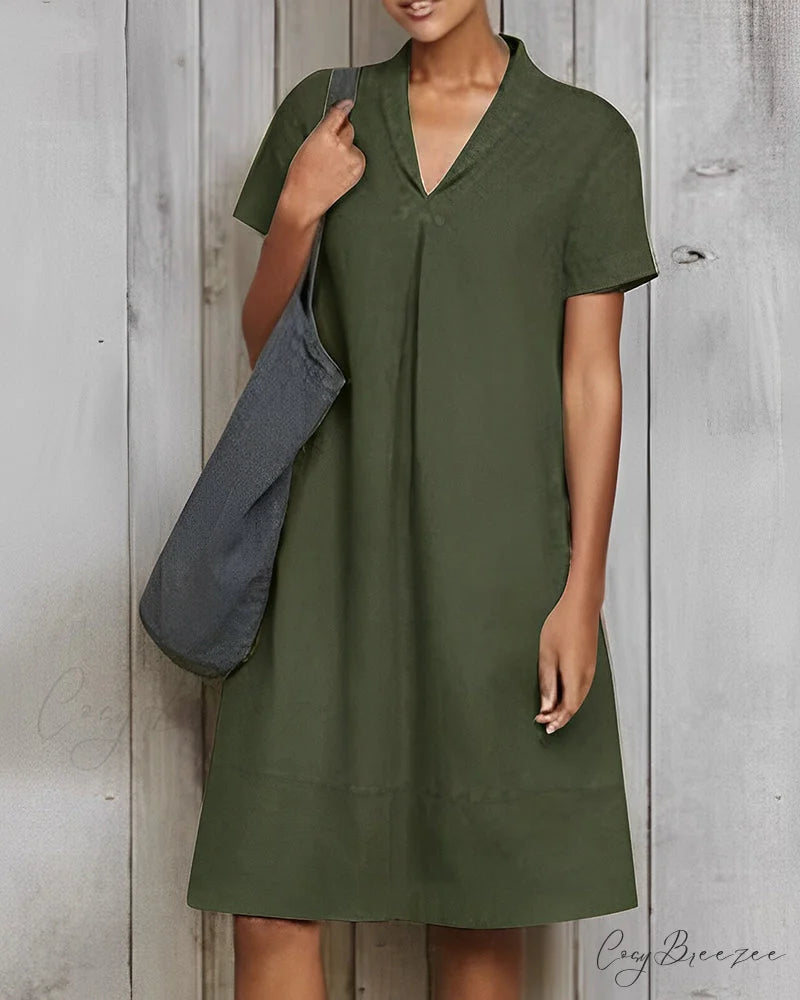 Solid color loose dress made of cotton and linen Green / S