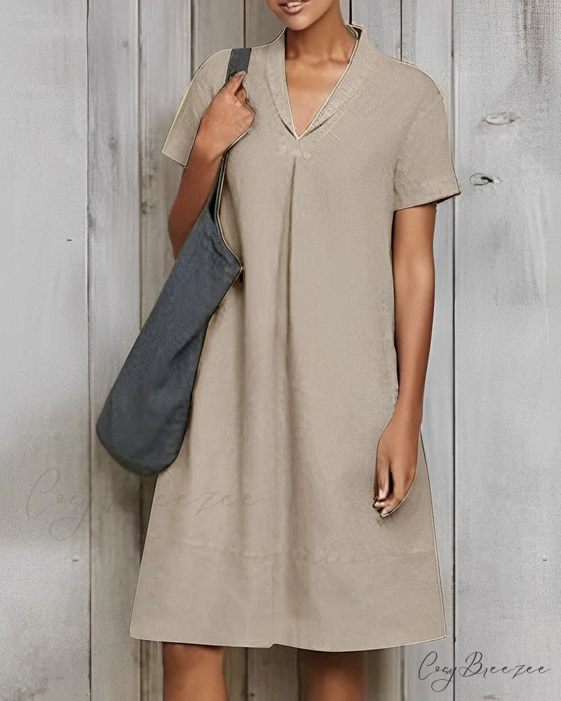 Solid color loose dress made of cotton and linen Khaki / S