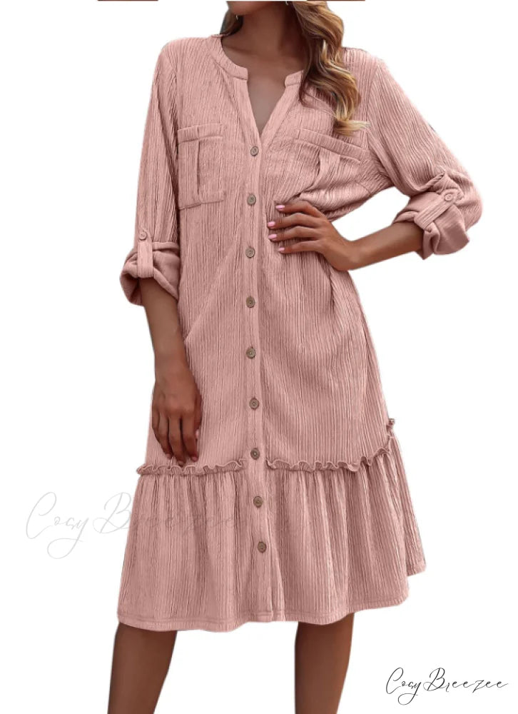 Solid Color Loose Waist Slim Long Sleeve Shirt Dress with Button Ruffles