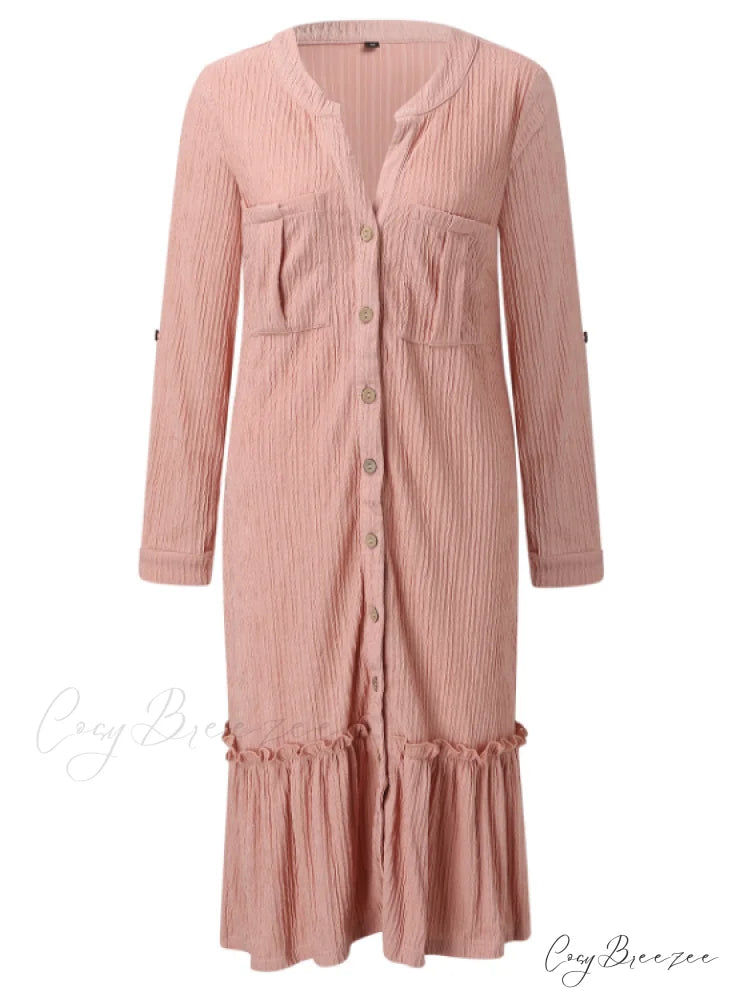 Solid Color Loose Waist Slim Long Sleeve Shirt Dress with Button Ruffles