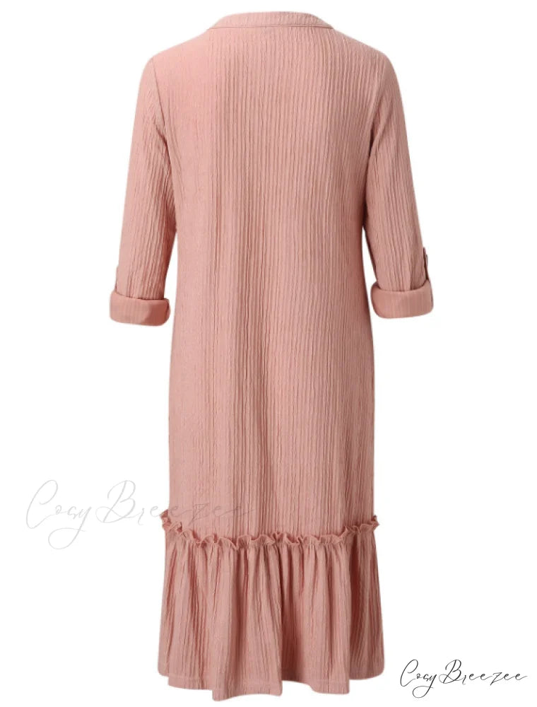 Solid Color Loose Waist Slim Long Sleeve Shirt Dress with Button Ruffles