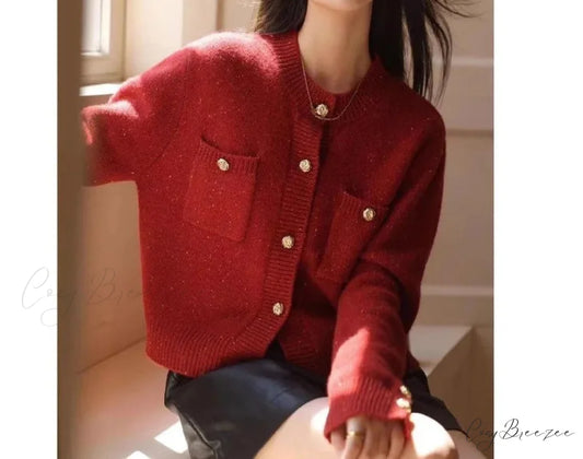 Solid Color Office Lady O-neck Cardigan Red / S