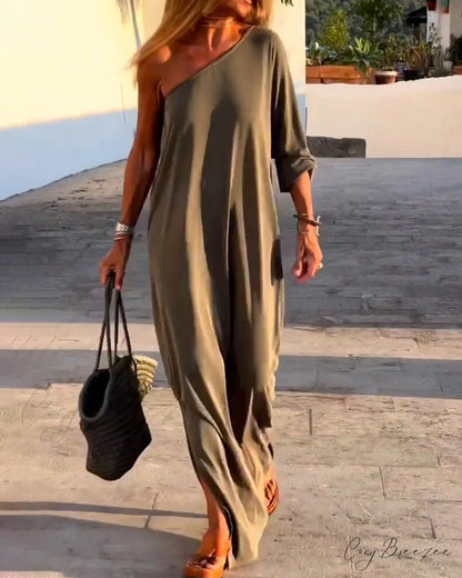 Solid color one shoulder sleeve dress Dark grey / S