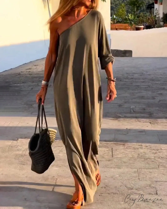 Solid color one shoulder sleeve dress Dark grey / S