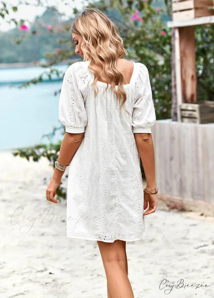 SOLID COLOR OPENWORK JACQUARD DRESS WITH SQUARE COLLAR L / white