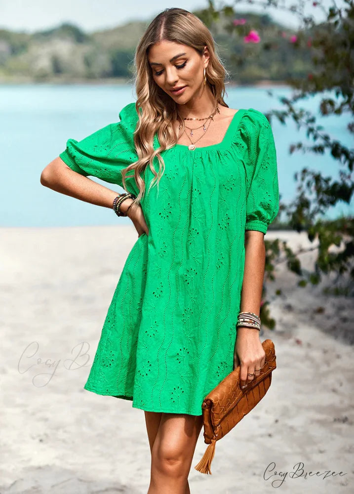 SOLID COLOR OPENWORK JACQUARD DRESS WITH SQUARE COLLAR M / black