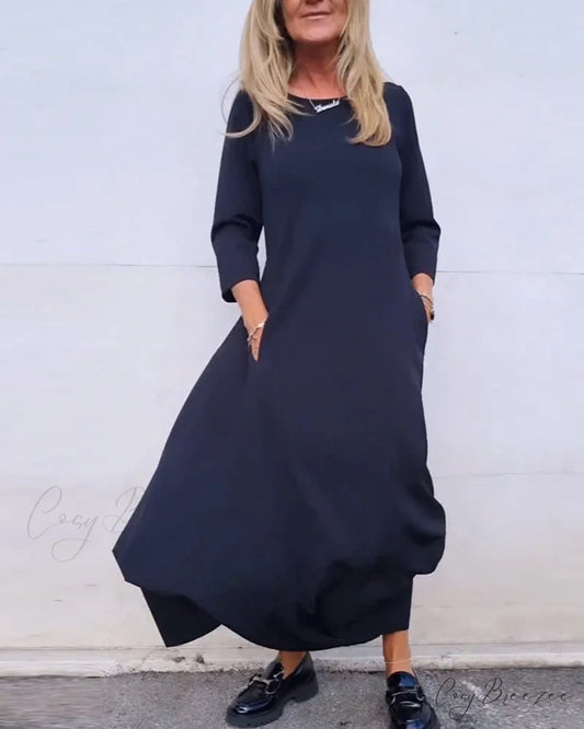 Solid Color Pocket Dress Black / S