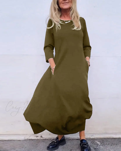 Solid Color Pocket Dress Green / S