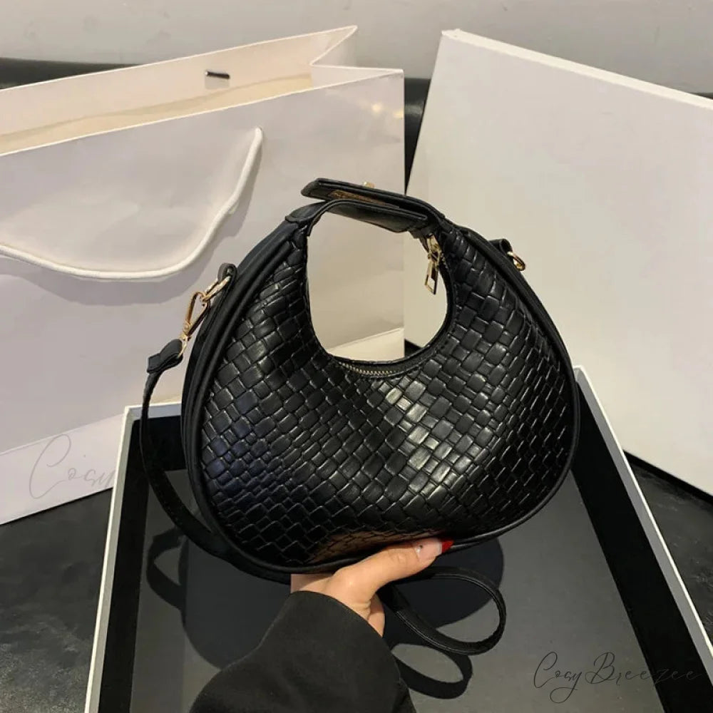 Solid Color PU Leather Lattice Crossbody Handbag Black handbag-250126