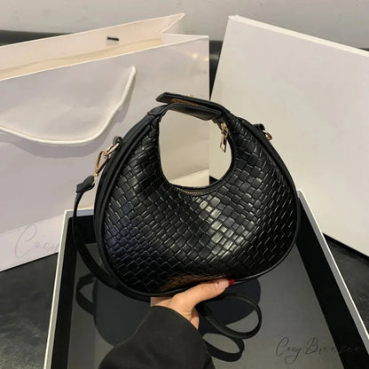 Solid Color PU Leather Lattice Crossbody Handbag Black handbag-250126