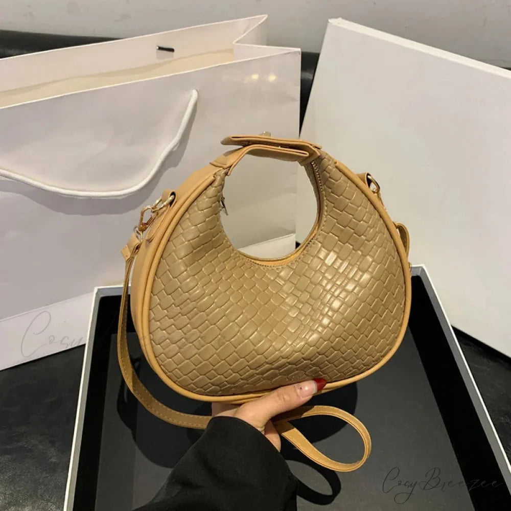Solid Color PU Leather Lattice Crossbody Handbag khaki handbag-250126