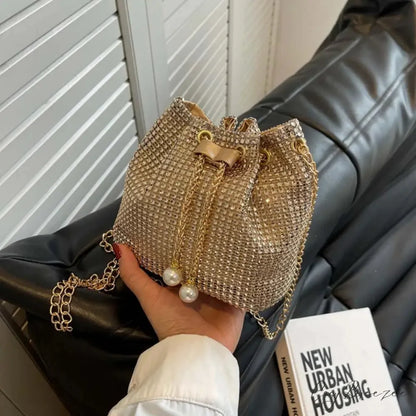 Solid Color Rhinestone Luxury Chain Crossbody Glitter Clutch Bag Gold clutchbag-250126