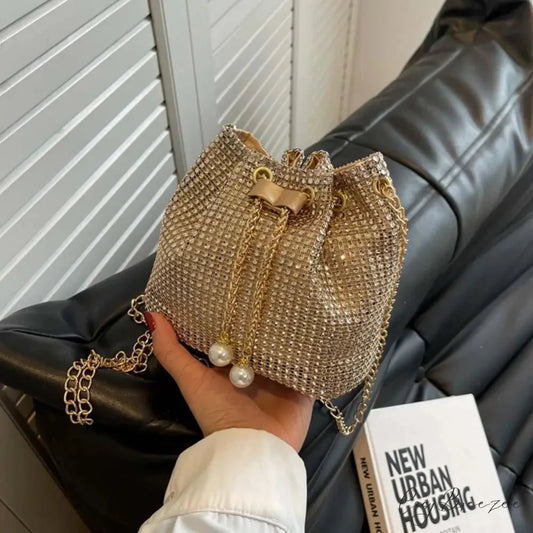 Solid Color Rhinestone Luxury Chain Crossbody Glitter Clutch Bag Gold clutchbag-250126