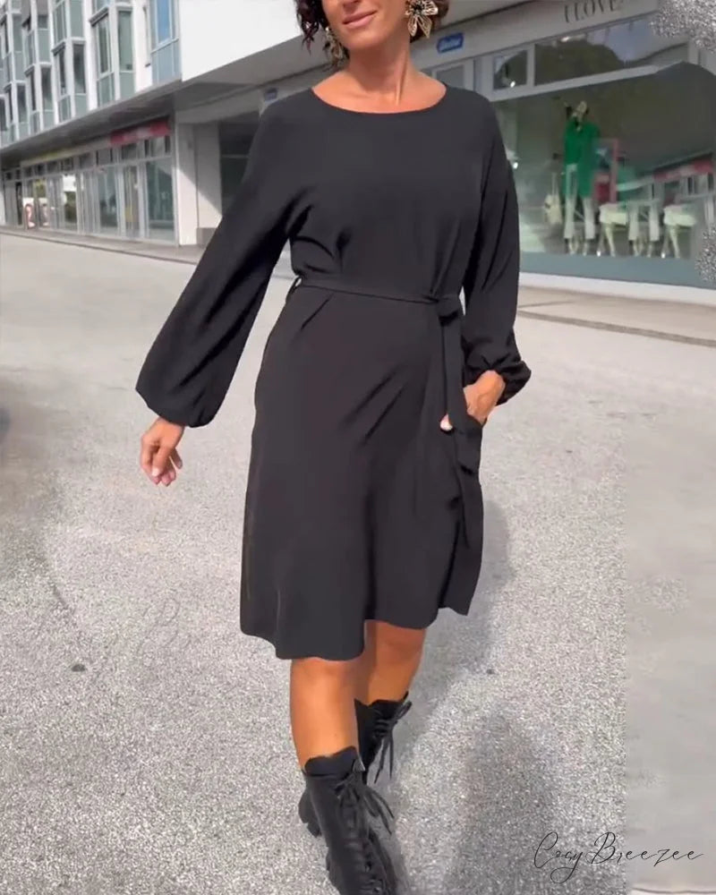 Solid color round neck tie dress