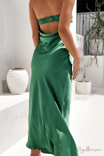 Solid Color Satin Strapless Midi Dress Green / L