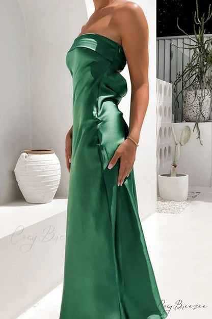 Solid Color Satin Strapless Midi Dress Green / M