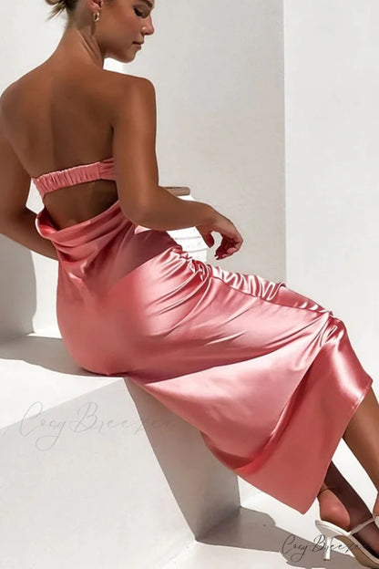 Solid Color Satin Strapless Midi Dress Pink / L