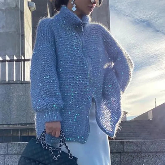 Solid Color Sequin Turtleneck Cardigan Blue / S