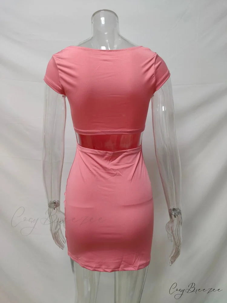Solid Color Sexy Slim Hollow Out Mini Dress L / YELLOW