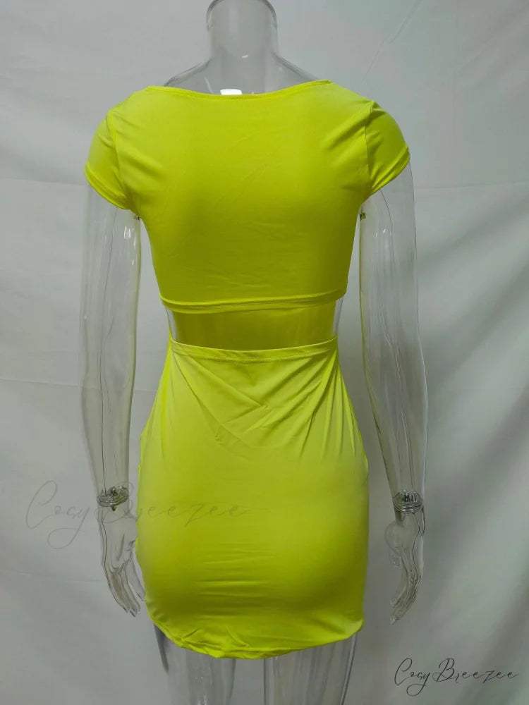 Solid Color Sexy Slim Hollow Out Mini Dress M / BLUE