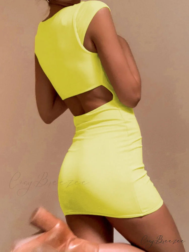 Solid Color Sexy Slim Hollow Out Mini Dress S / WHITE