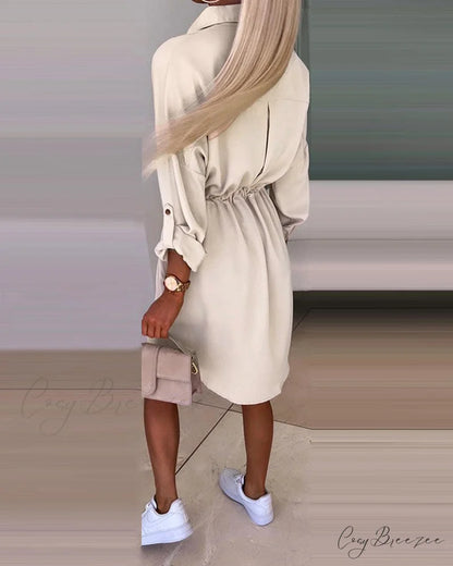 Solid color shirt dress with 3/4 sleeves