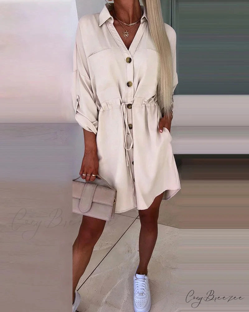 Solid color shirt dress with 3/4 sleeves Beige / S