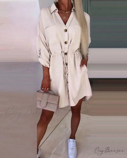 Solid color shirt dress with 3/4 sleeves Beige / S