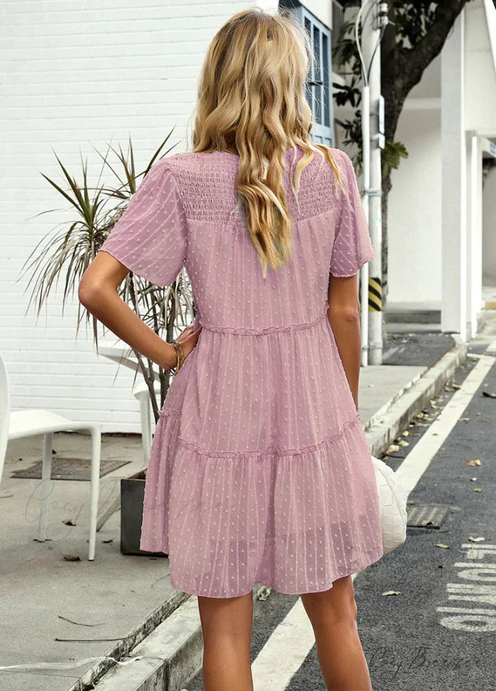 Solid Color Short Sleeve A-Line Dress M / apricot