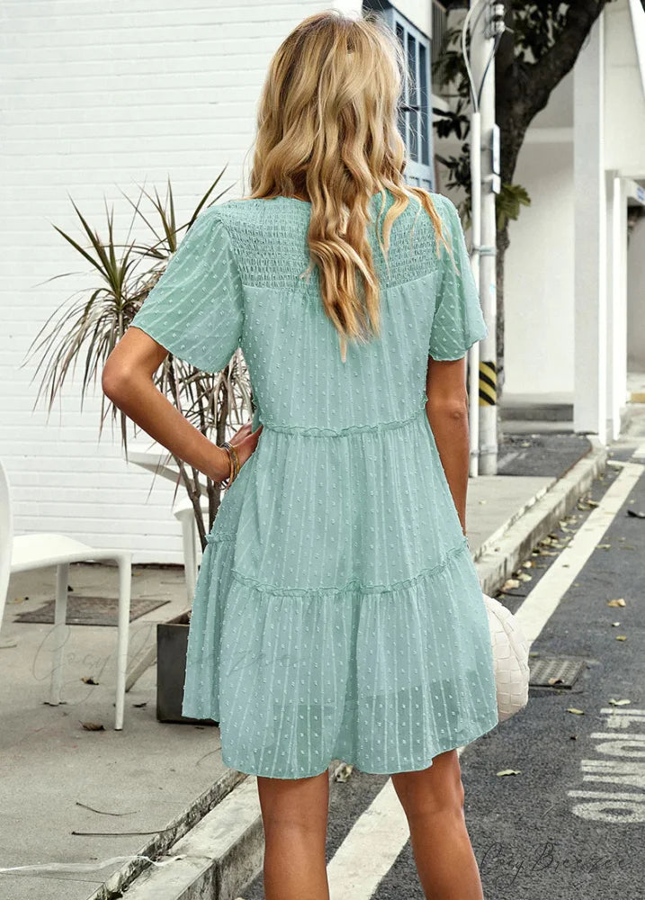 Solid Color Short Sleeve A-Line Dress M / blue