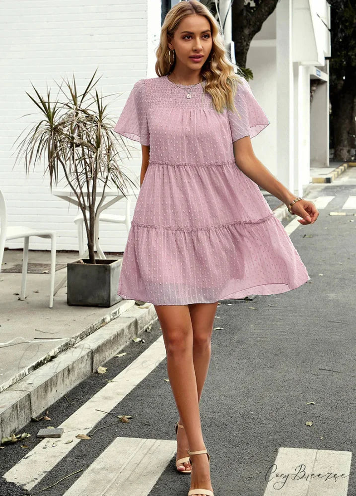 Solid Color Short Sleeve A-Line Dress M / green